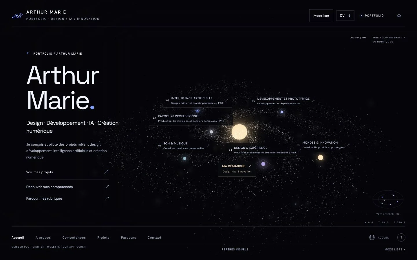 Le portfolio Arthur Marie en mode galaxie sur ordinateur.