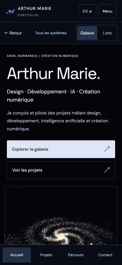 Le portfolio Arthur Marie en mode galaxie sur un écran étroit.